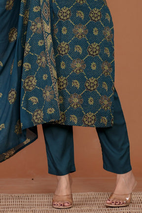 Teal & Green Cotton Floral Printed Suit Set