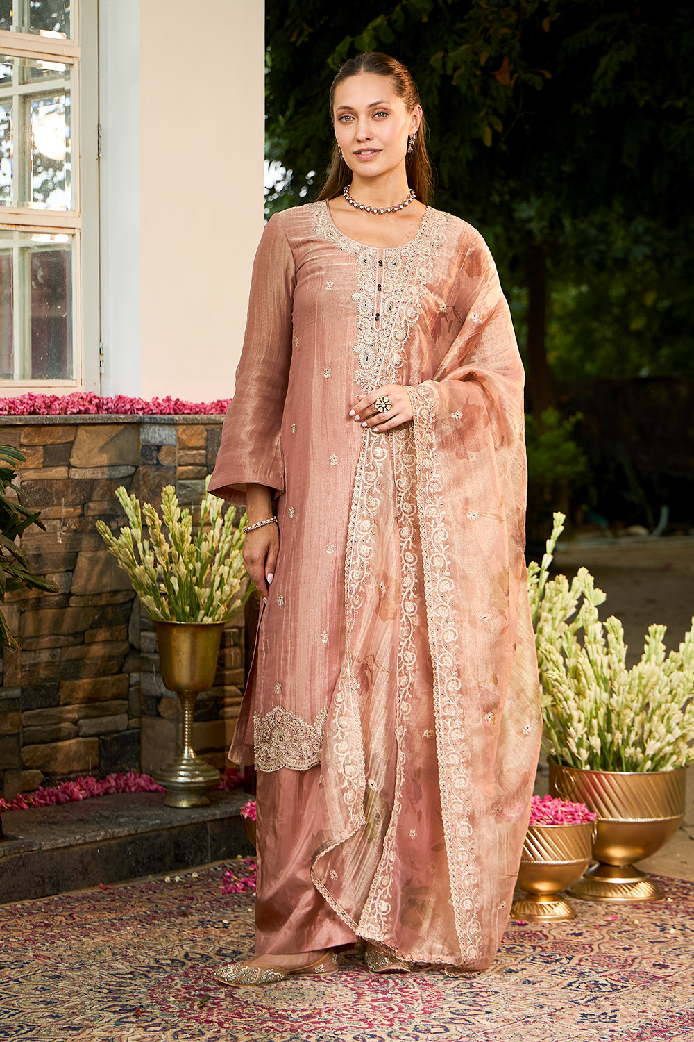 Light Peach Cut-Dana & Zari Emboidered Tissue Unstitched Suit Material