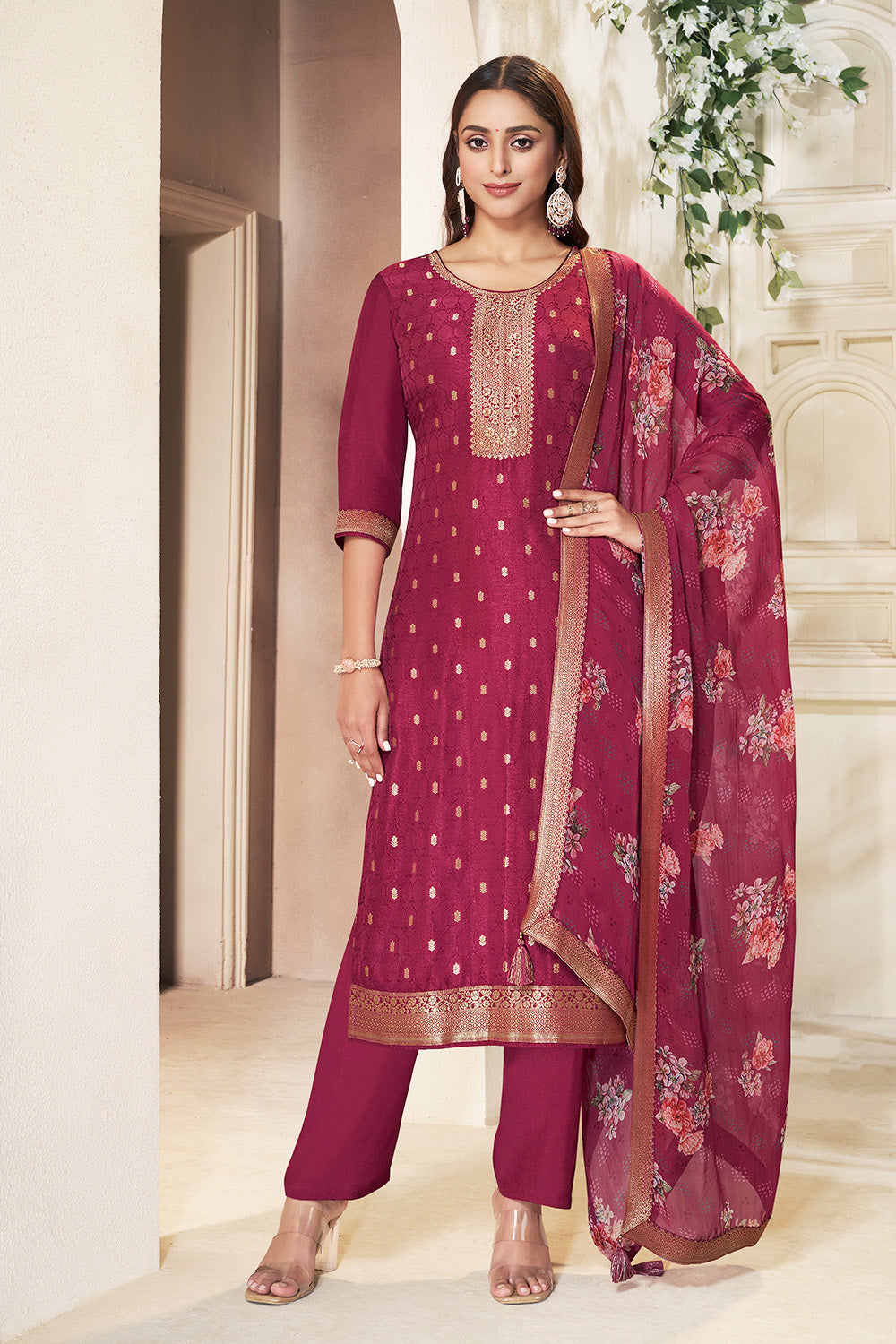 Maroon Color Silk Woven Straight Suit