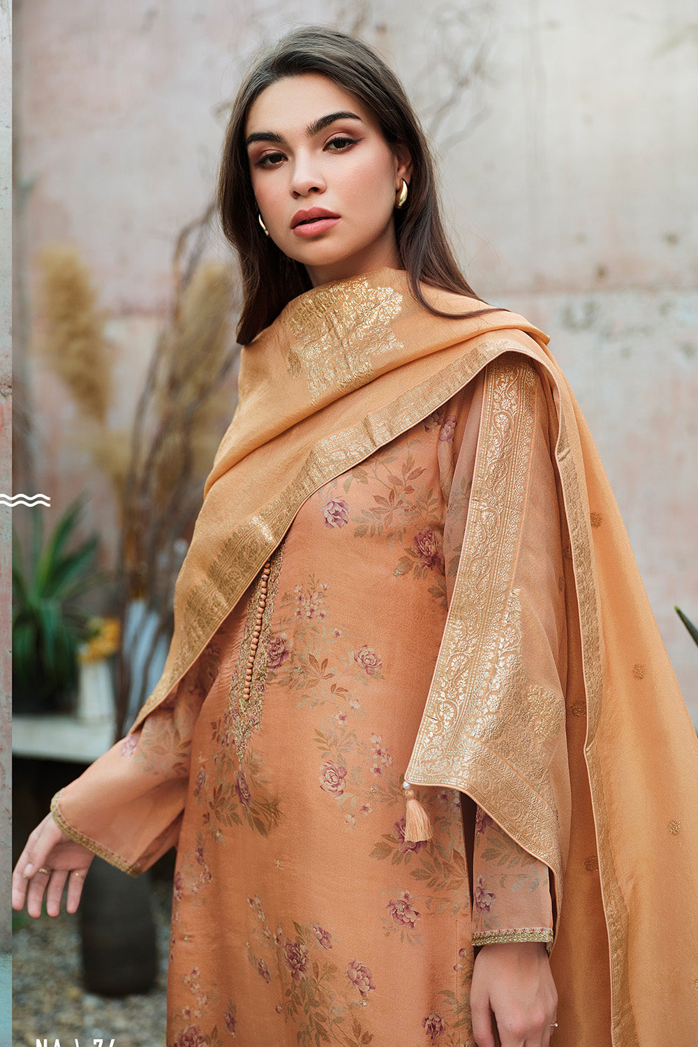Peach Color Floral Printed & Neck Embroidered Unstitched Suit Material