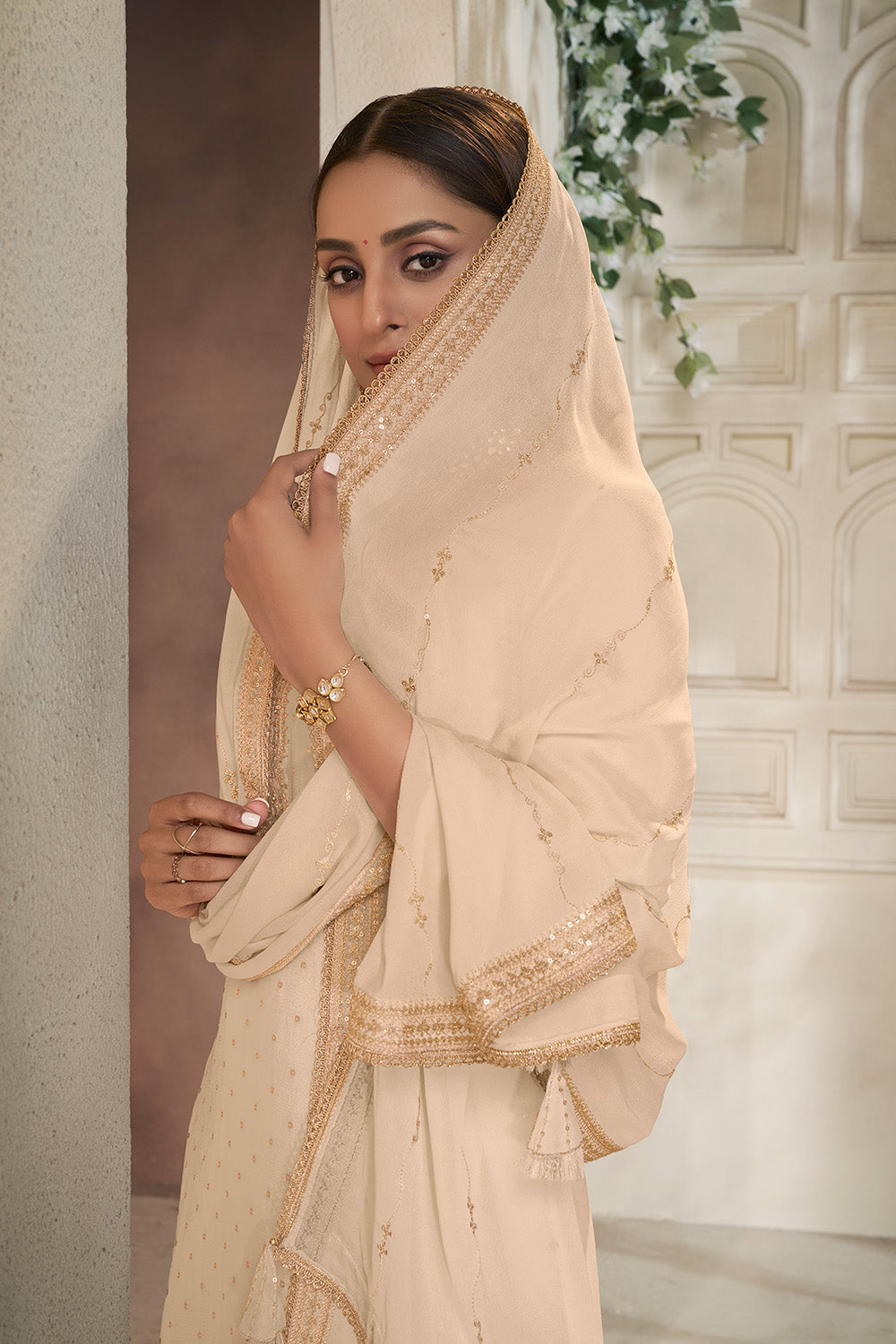 Cream Crepe Silk Zari Embroidered Suit With Embroidered Palazzo