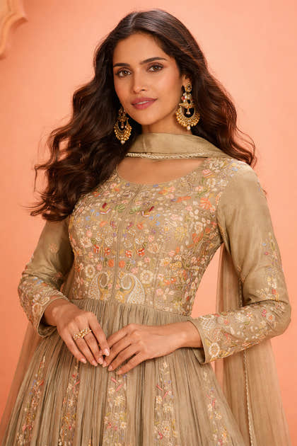 Beige Crepe Silk Embroidered Anarkali Suit With Skirt