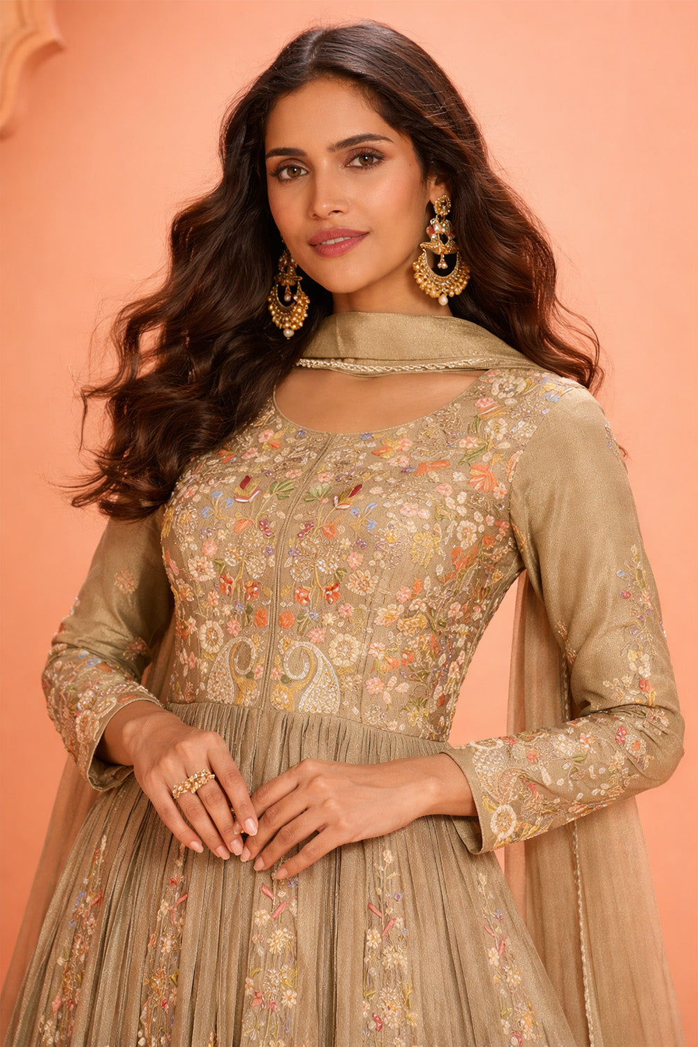 Beige Crepe Silk Embroidered Anarkali Suit With Skirt