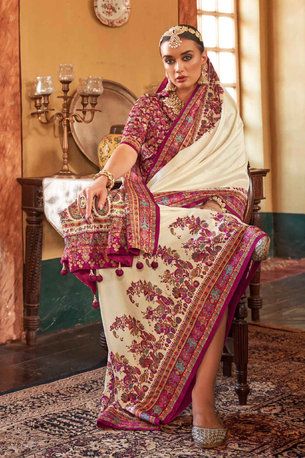 Cream Color Gajji Silk Printed Saree
