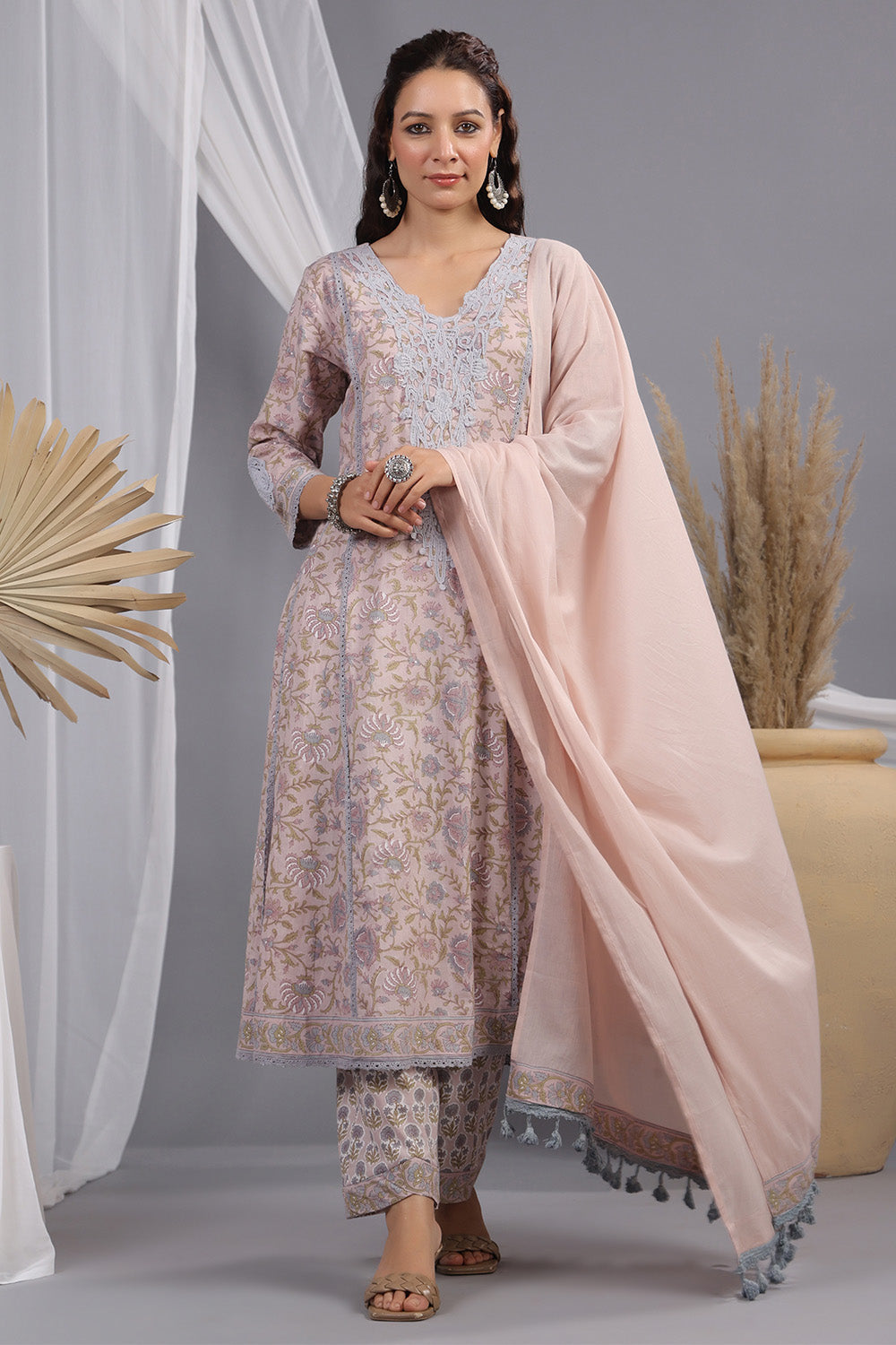 Dusty Peach Color Floral Printed & Lace Work Anarkali Suit