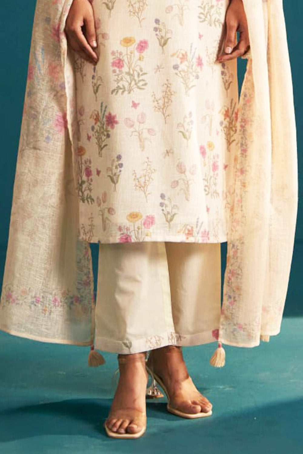 Cream Color Khadi Cotton Floral Printed and Neck Embroidered Suit