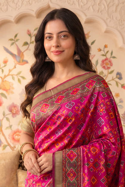 Rani Cotton Printed And Woven Border Saree