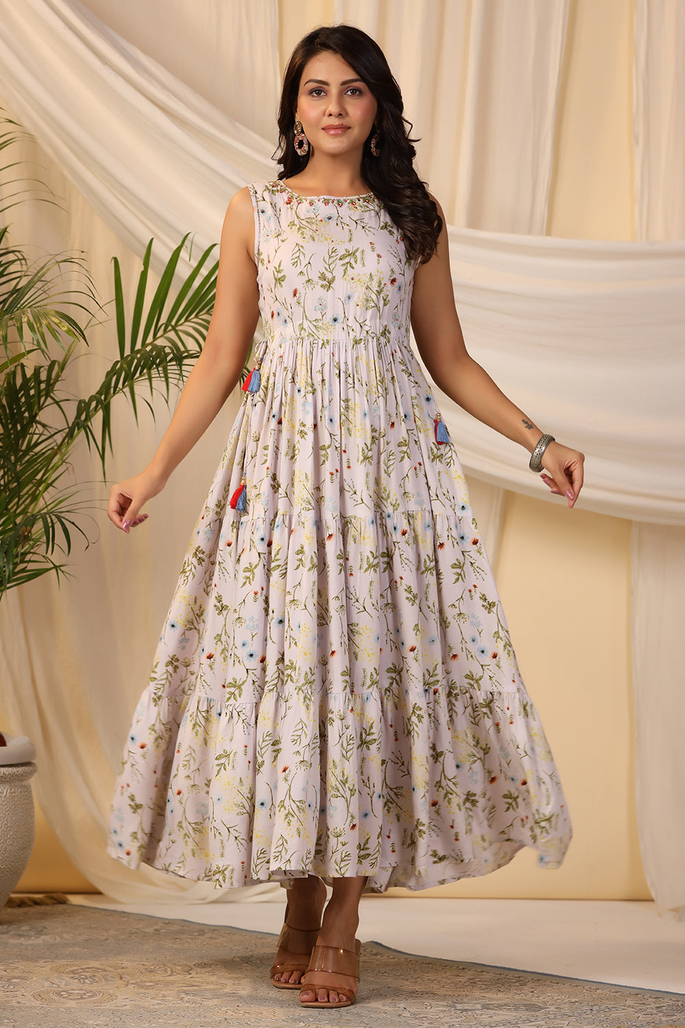 Cream Color Muslin Printed Peonies Dress