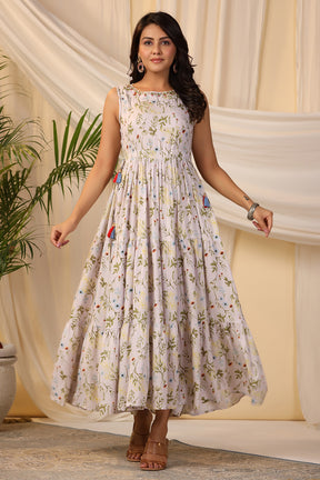 Cream Color Muslin Printed Peonies Dress