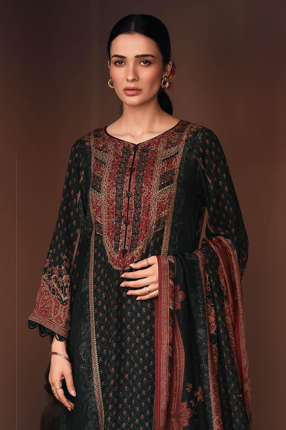 Black Crepe Printed Unstitched Suit