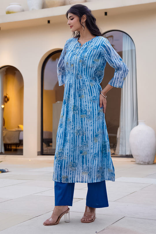 Blue Floral Printed Muslin Kurta Set
