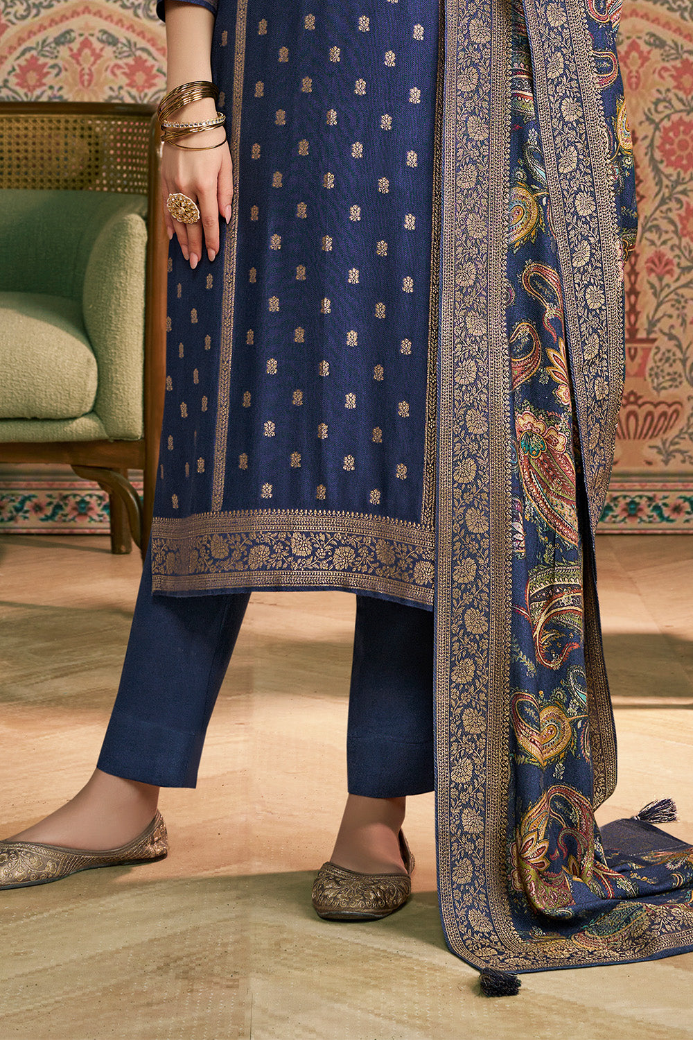 Navy Color Pashmina Woven Unstitched Suit Material