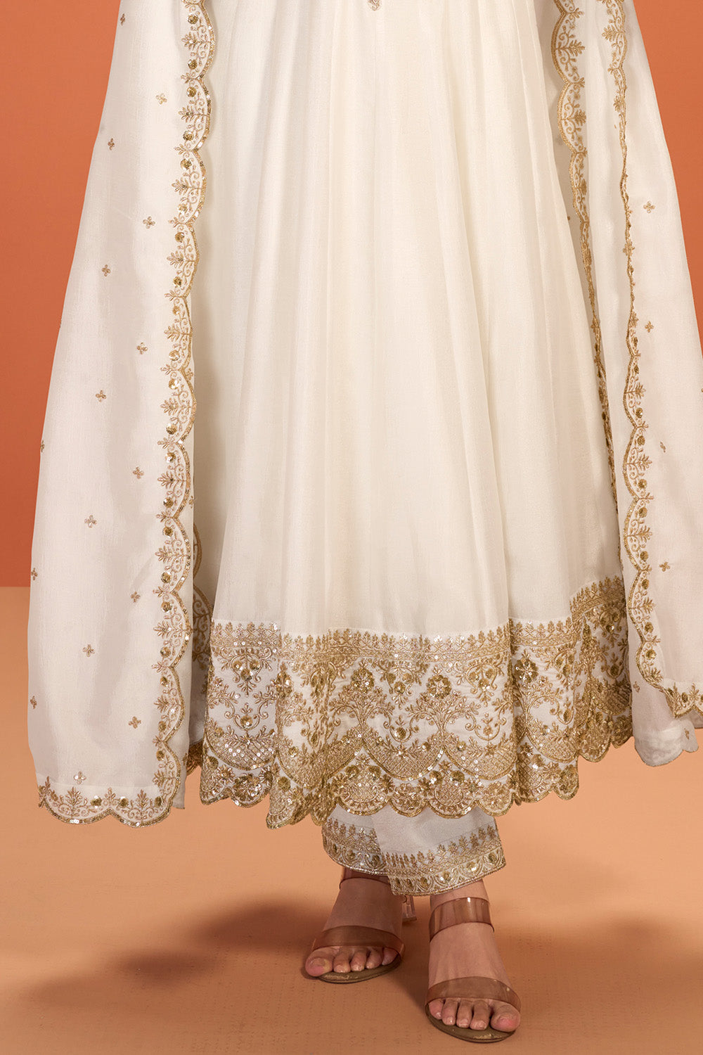 Cream Crepe Silk Zari and Sequins Embroidered Anarkali Suit