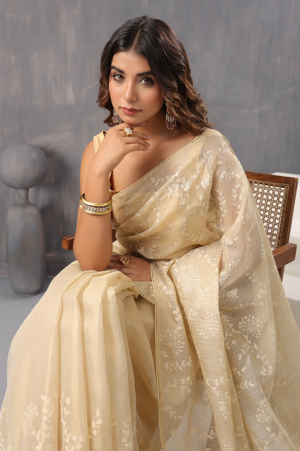Beige Color Cotton Silk Thread Embroidered Saree