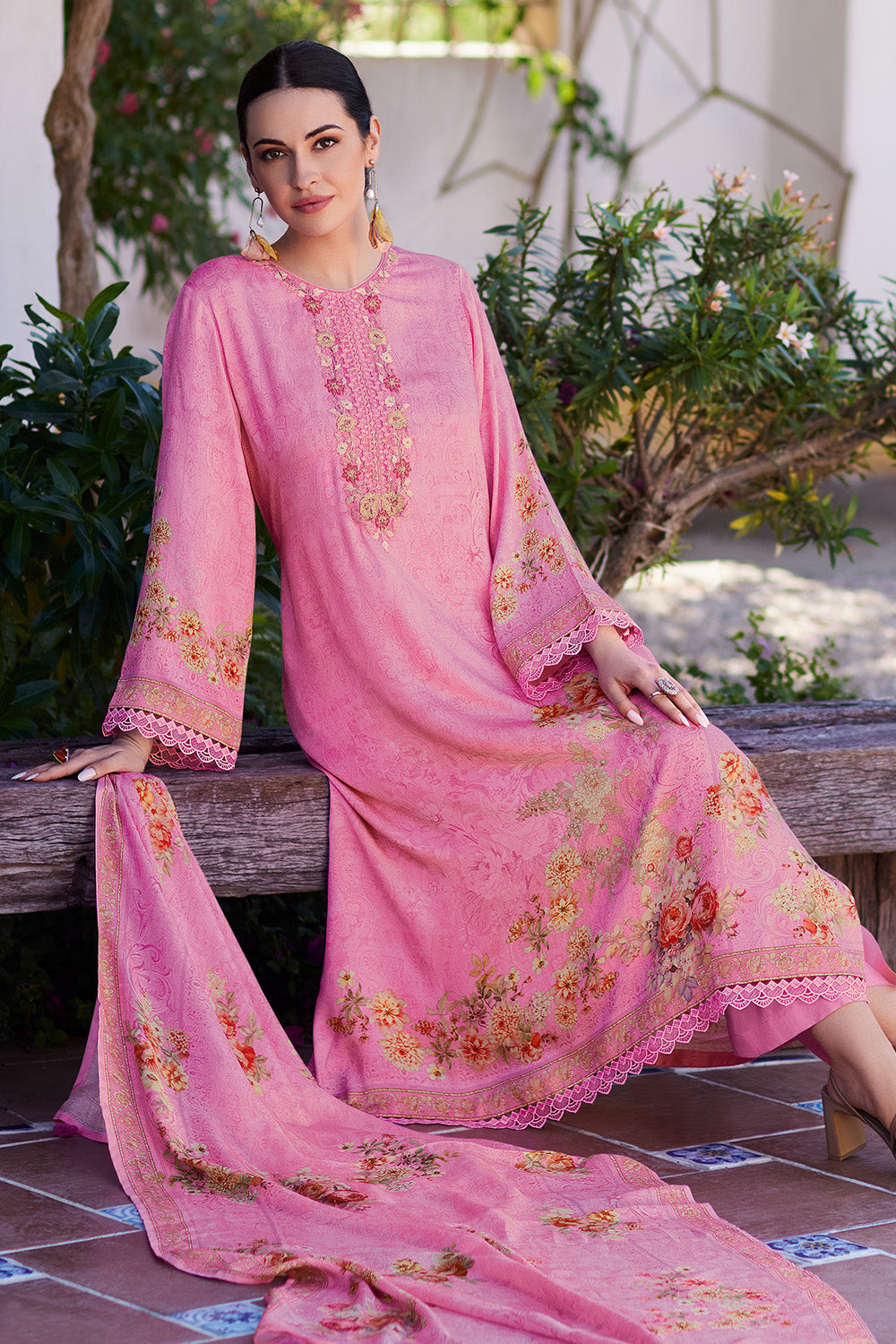 Pink Color Muslin Neck Embroidered & Floral Printed Suit