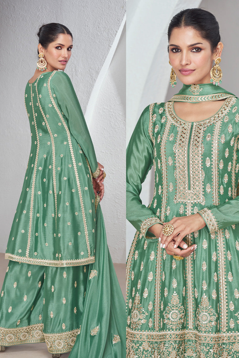 Sea Green Color Embroidered Crepe Silk Peplum Suit