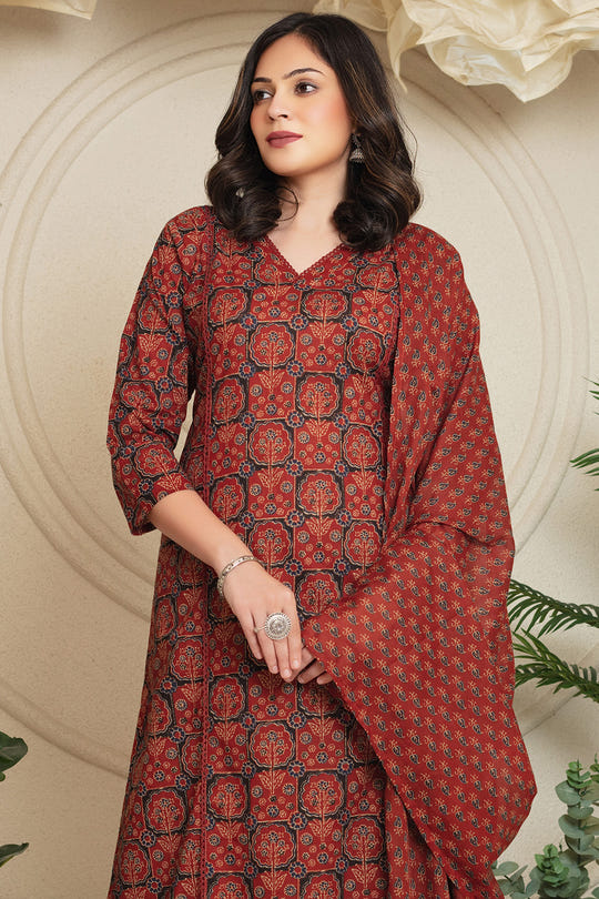 Maroon Cotton Floral Printed Suit Set