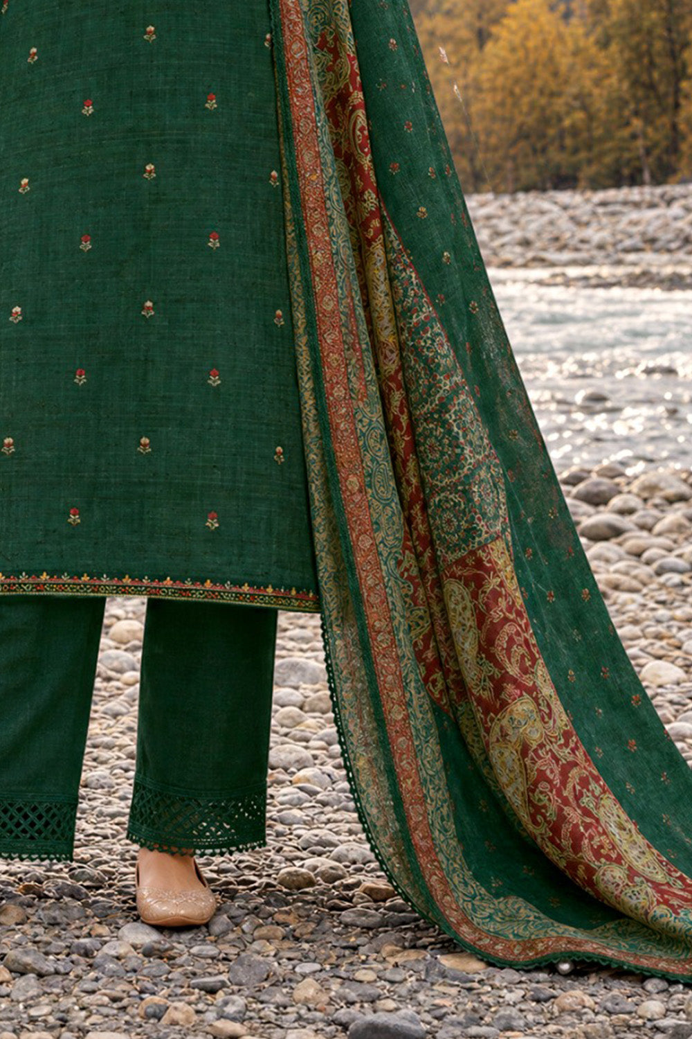 Bottle Green Matka Silk Embroidered Unstitched Suit Material
