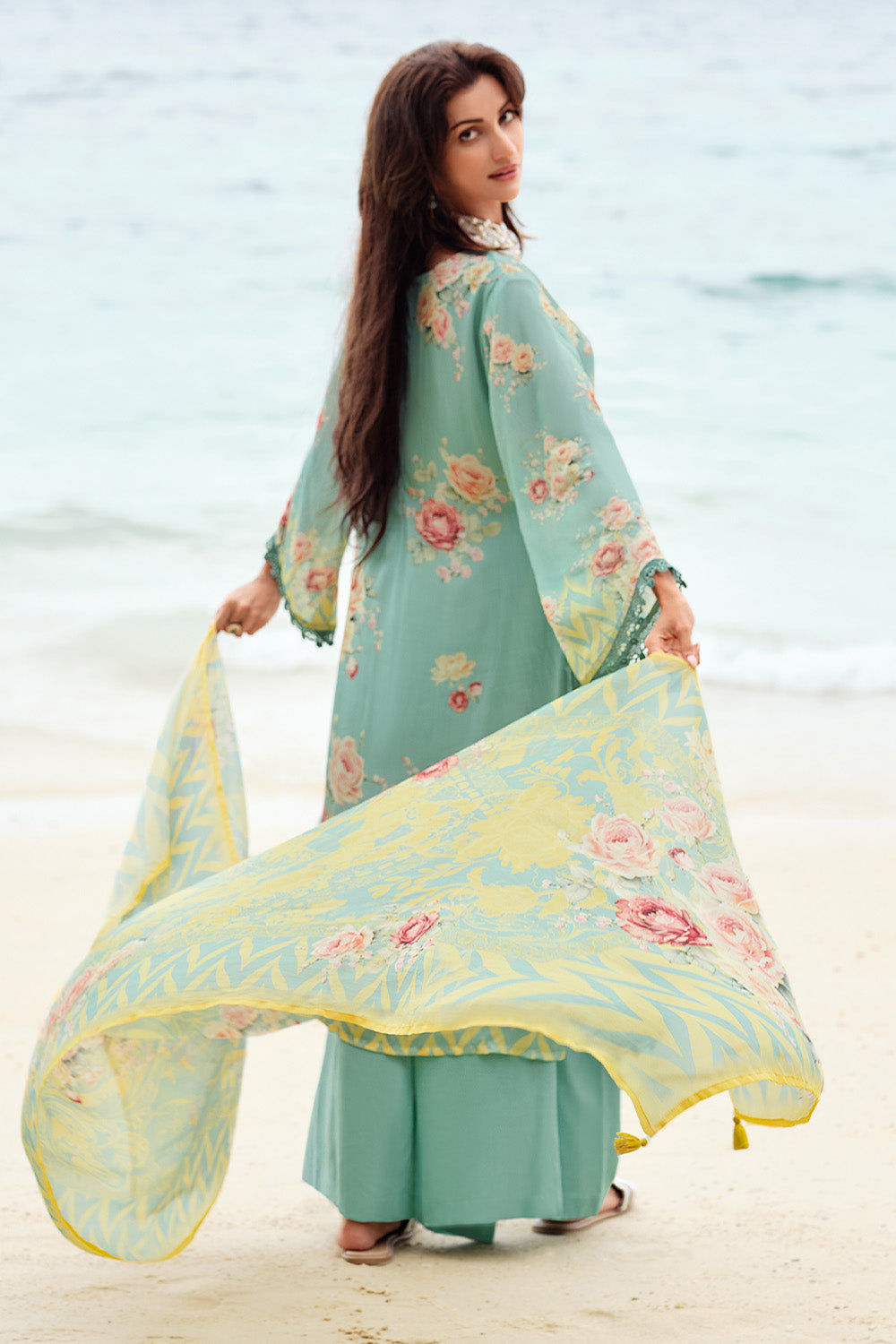 Sea Green Color Floral Printed Organza Tissue Suit