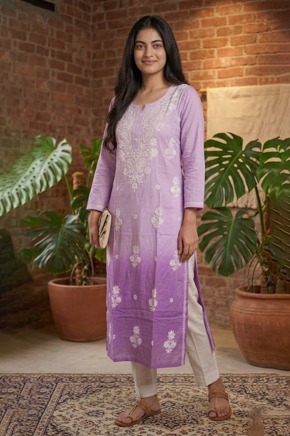 Ombre Lavander Resham Embroidered Rayon Cotton Kurta