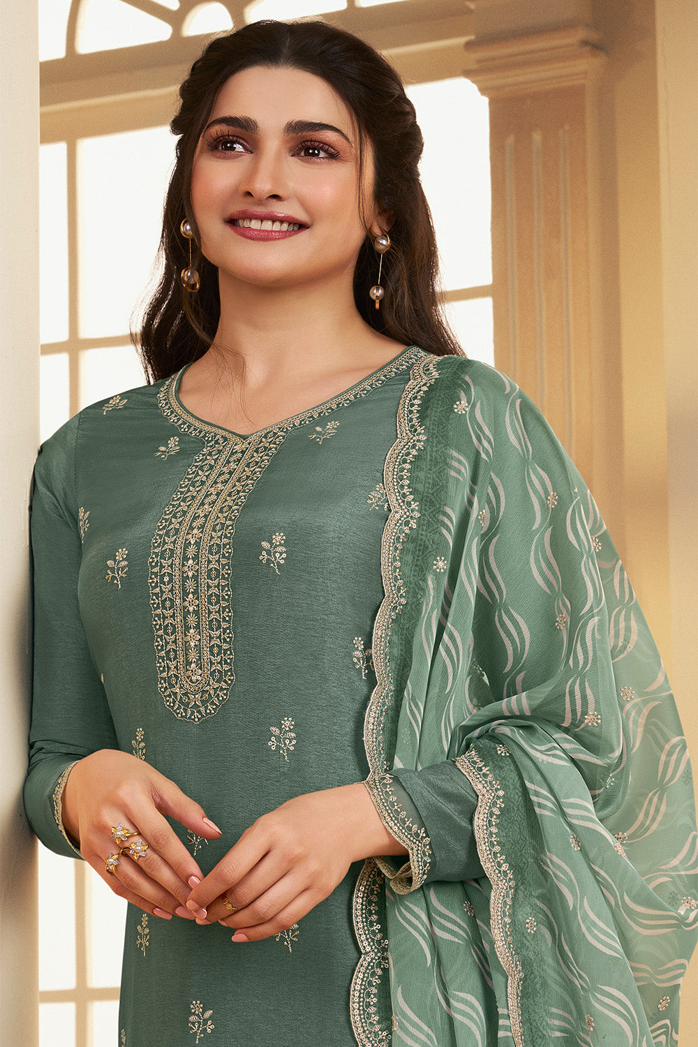 Sea Green Color Embroidered Crepe Silk Unstitched Suit Fabric