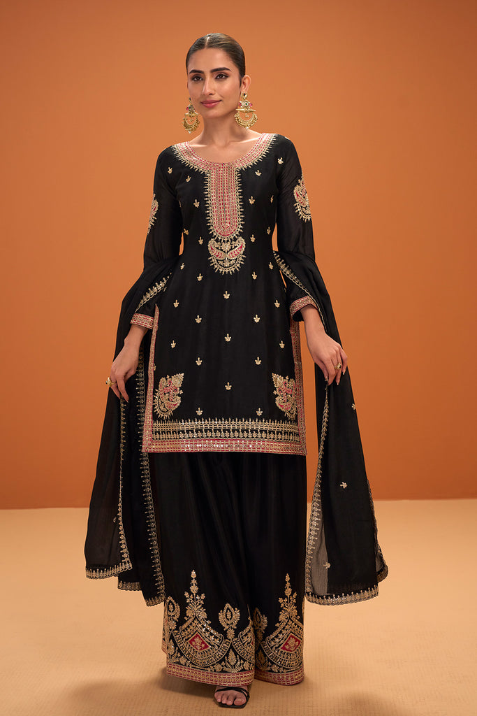 Black Crepe Silk Zari and Sequins Embroidered Suit With Embroidered Palazzo