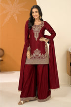Maroon Crepe Silk Cut-Dana Embroidered Suit With Embroidered Palazzo