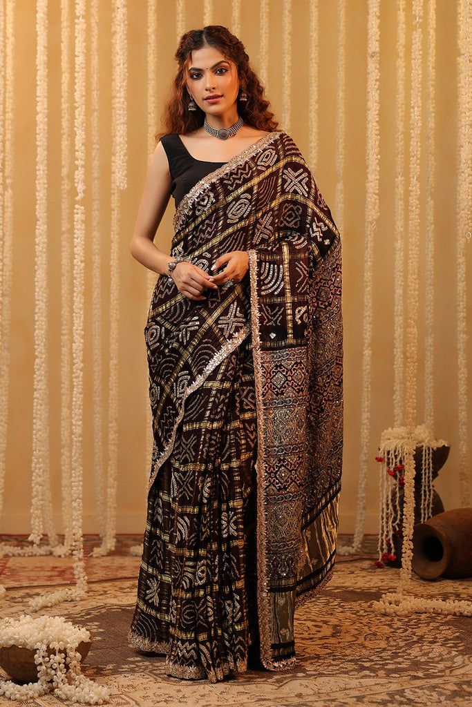 Brown Color Gharchola Pure Gajji Silk Printed And Embroidered Saree