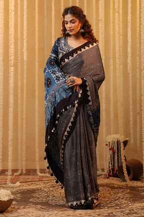 Black & Blue Pure Mulberry Silk Printed And Embroidered Saree