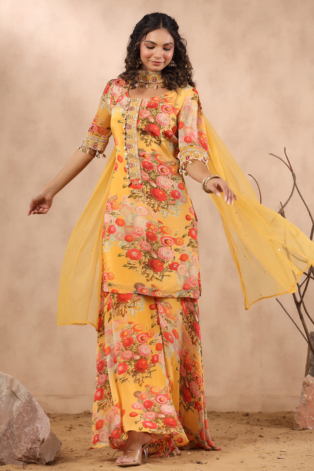 Mustard Color Floral Printed Suit With Palazzo