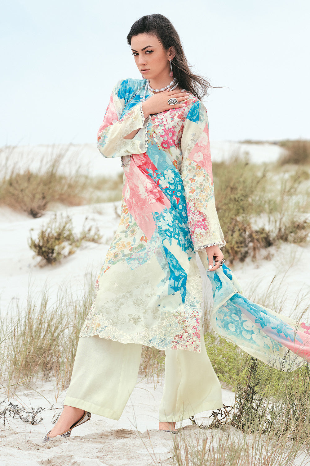 Cream Color Floral Printed Muslin Unstitched Suit Material