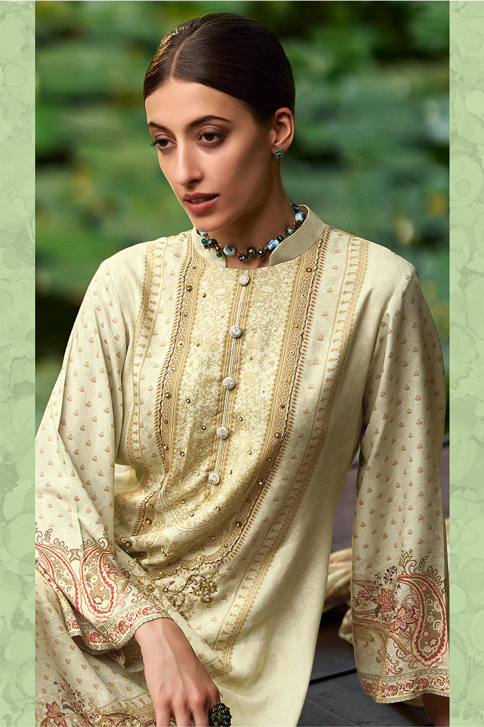 Cream Printed Spun Unstitched Suit Fabric