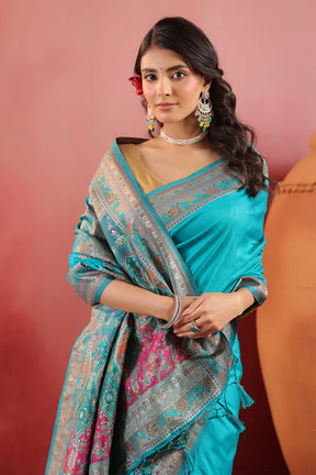 Teal Soft Silk Kalamkari Woven Saree