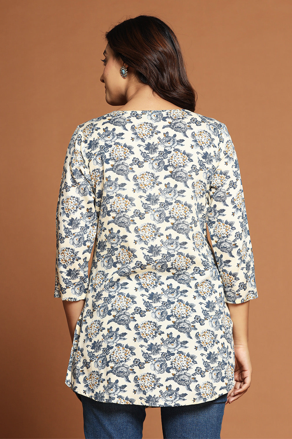 Beige & Grey Color Floral Printed Kurti