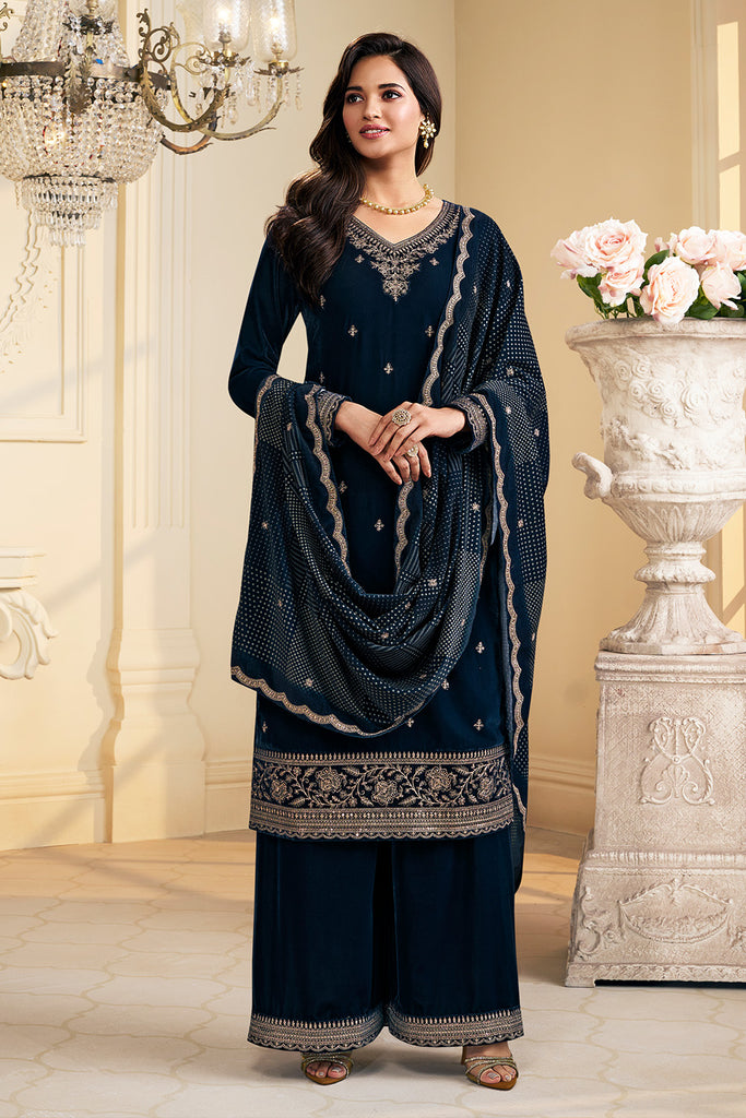 Navy Velvet Zari and Sequins Embroidered Unstitched Suit Fabric