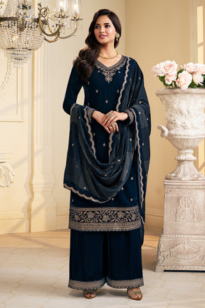 Navy Velvet Zari and Sequins Embroidered Unstitched Suit Fabric