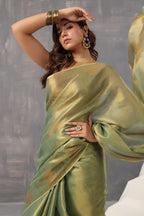 Green Color Organza Cotton Golden Zari Woven Saree