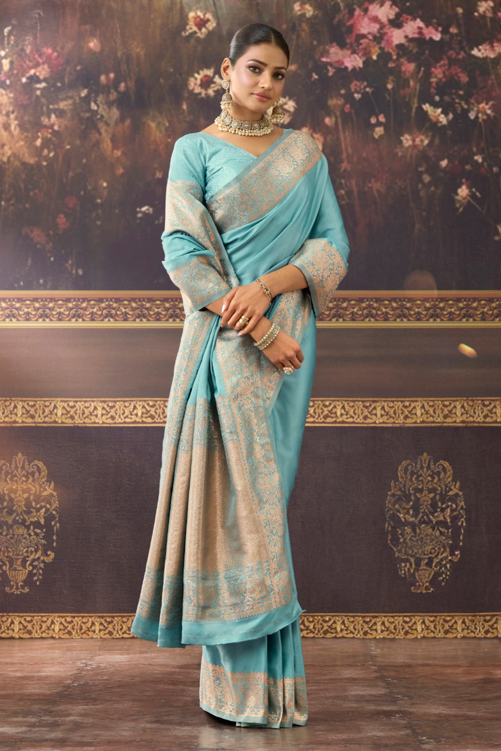 Light Turquoise Zari Woven Mulberry Silk Saree