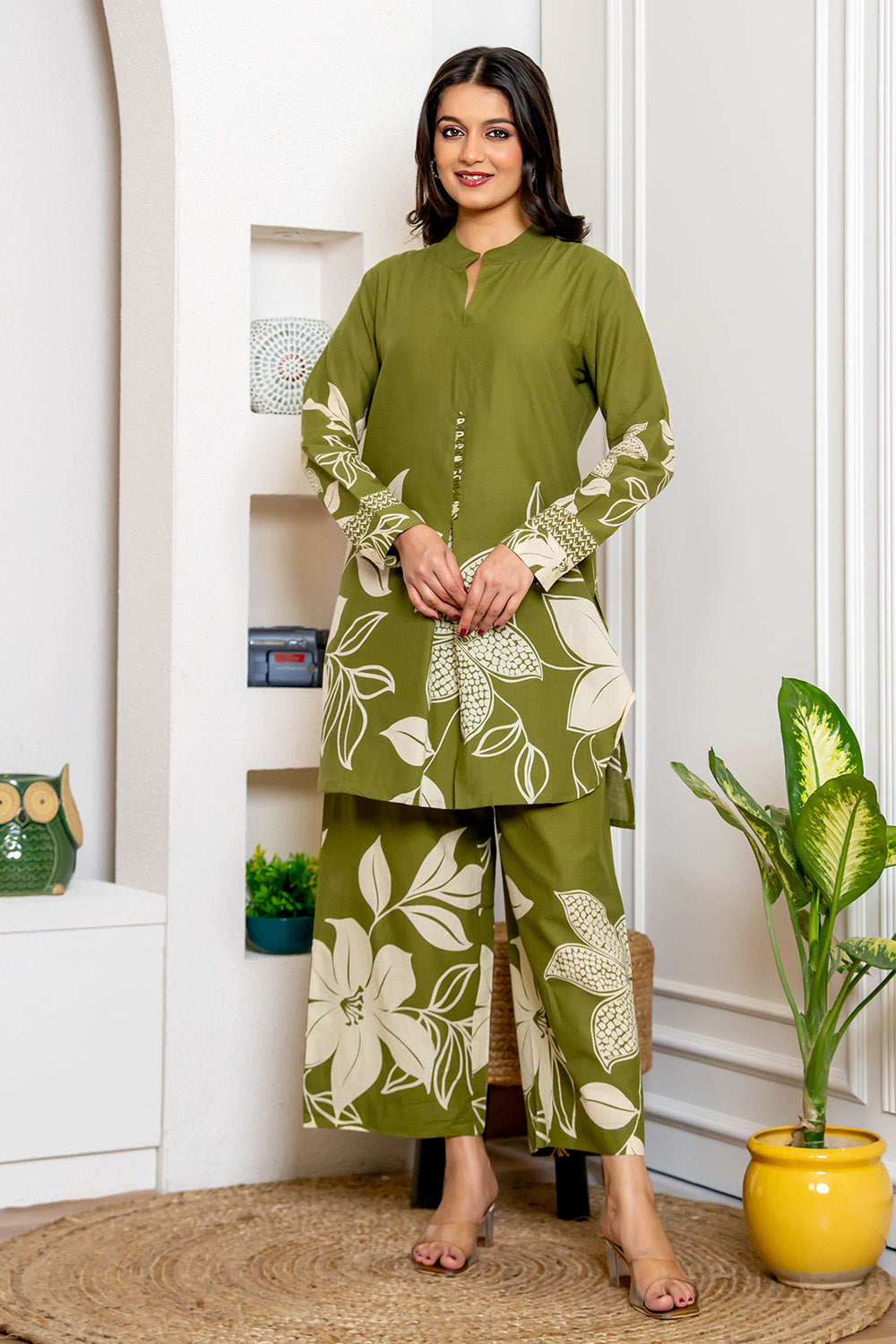 Green Color Cotton Printed Co-Ord Dress