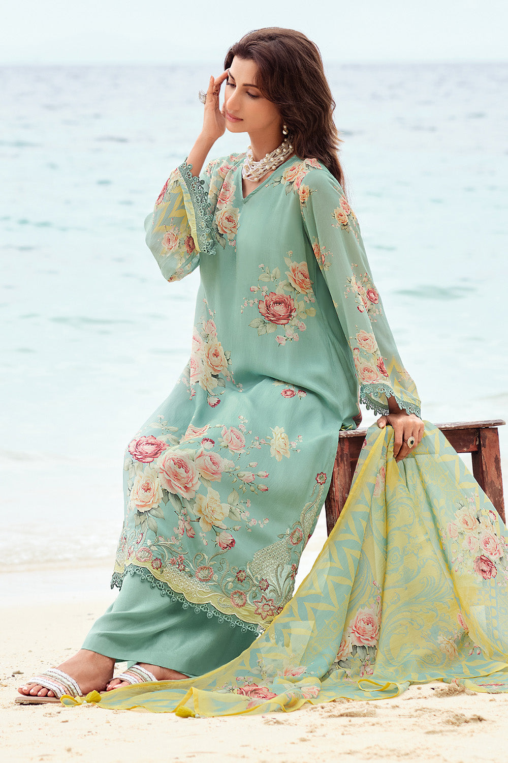 Sea Green Color Floral Printed Organza Tissue Suit