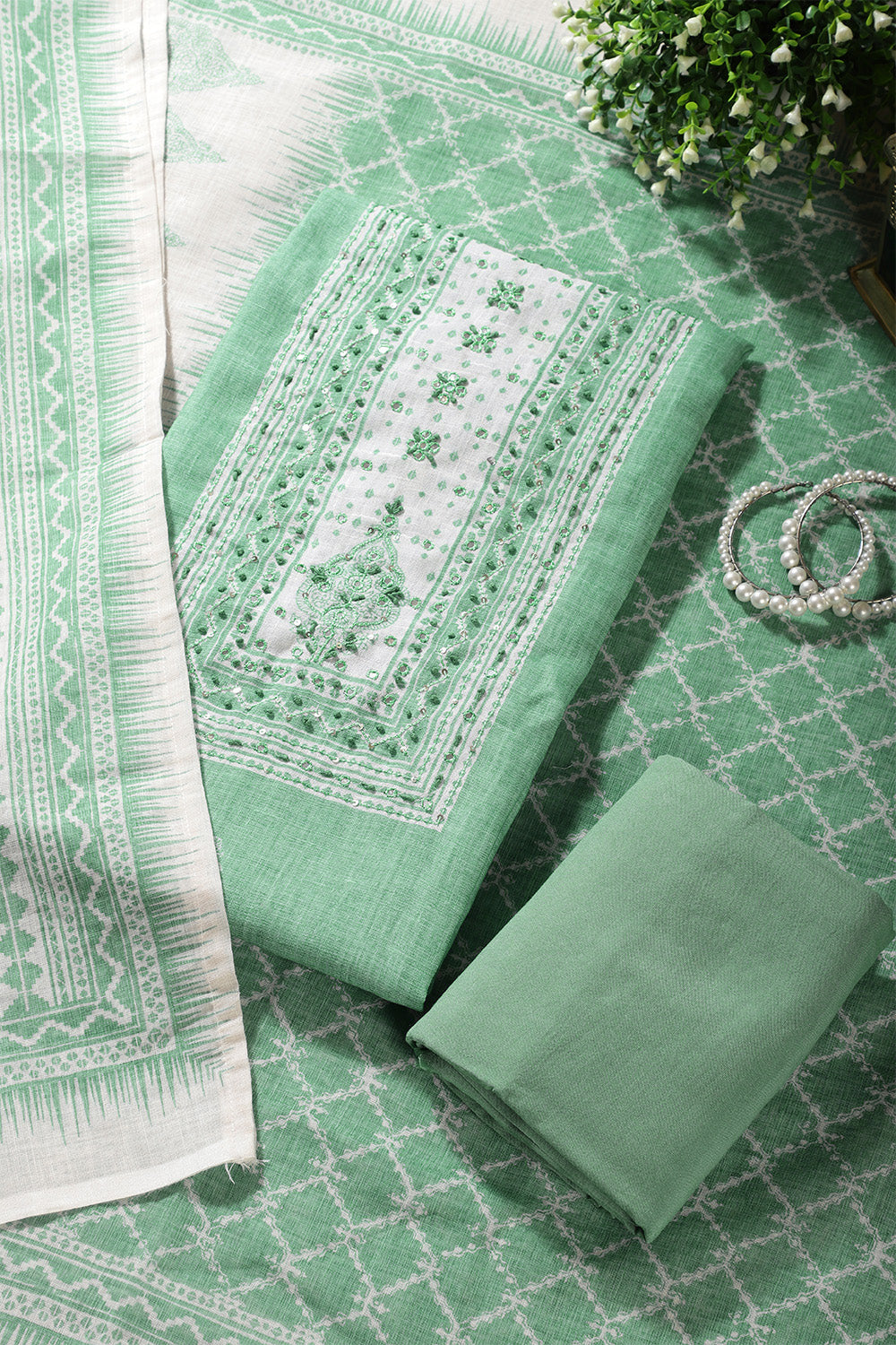 Sea Green Color Printed Linen Cotton Unstitched Suits