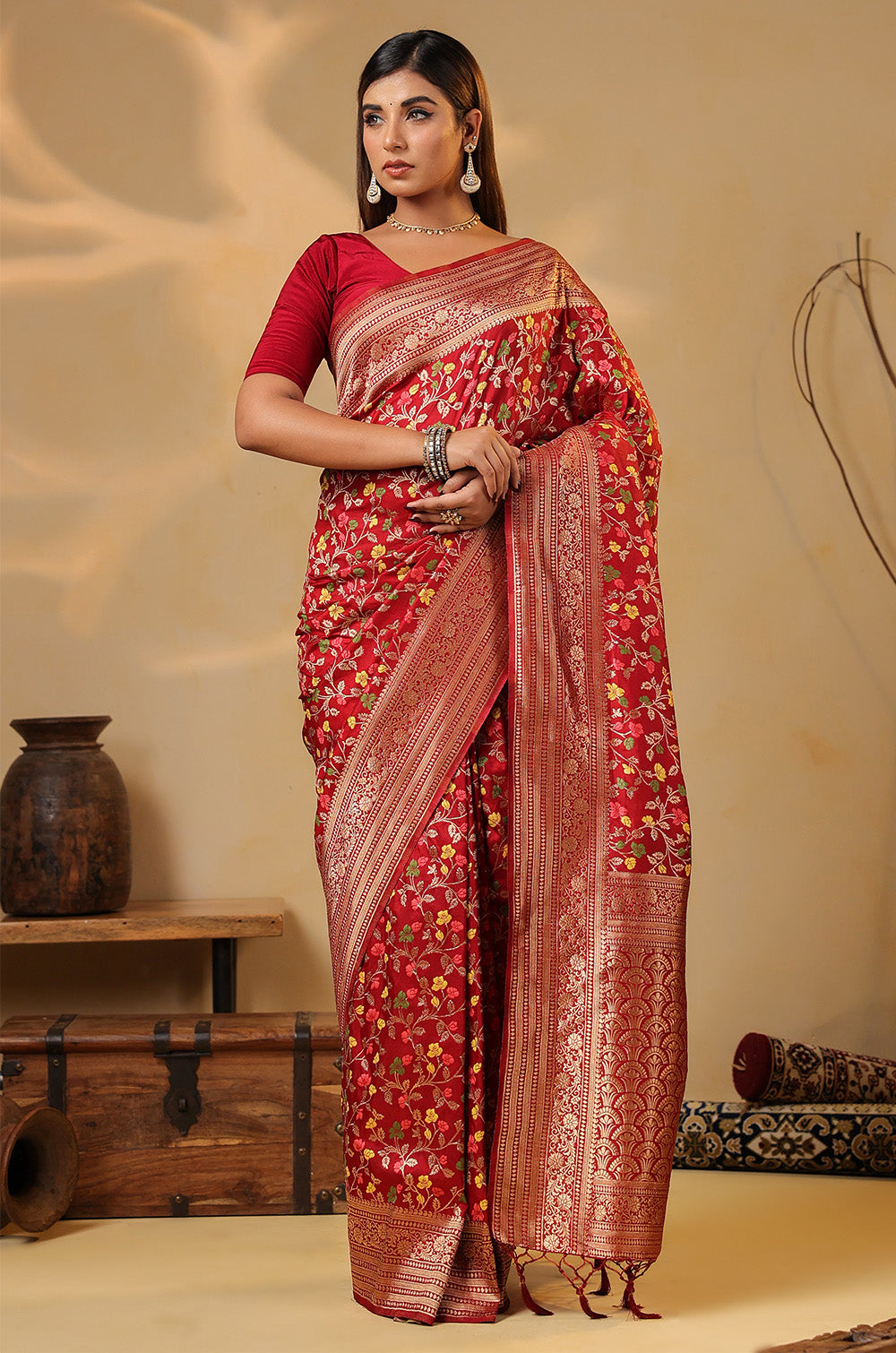 Red Silk Zari & Resham Woven Saree