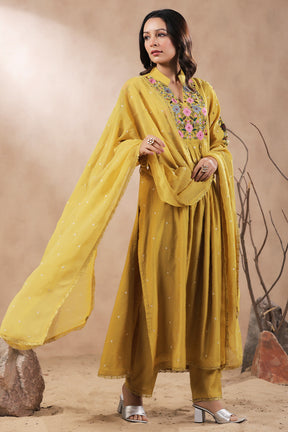 Mustard Color Chanderi Neck Embordered Suit
