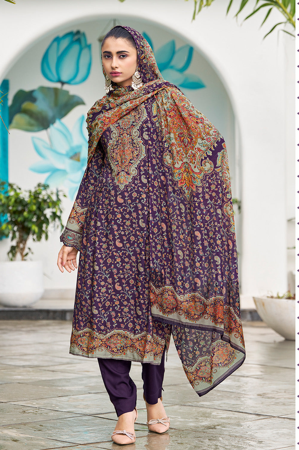 Purple Muslin Floral Printed Unstitched Suit Material