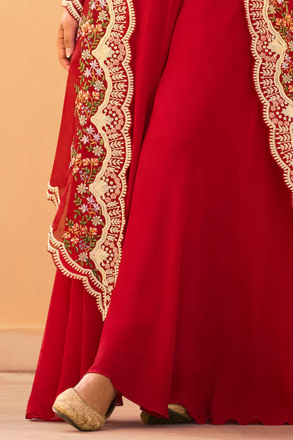 Red Organza Embroidered Crop-Top Dress With Shruge Stlye Dupatta And Palazzo