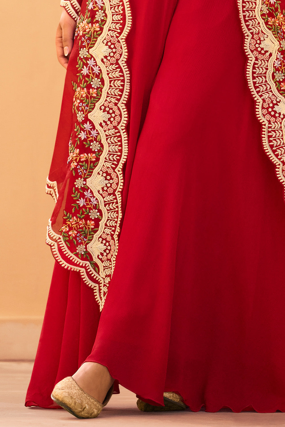 Red Organza Embroidered Crop-Top Dress With Shruge Stlye Dupatta And Palazzo