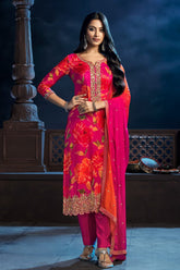 Fuchsia Pink Color Silk Floral Printed & Embroidered Suit