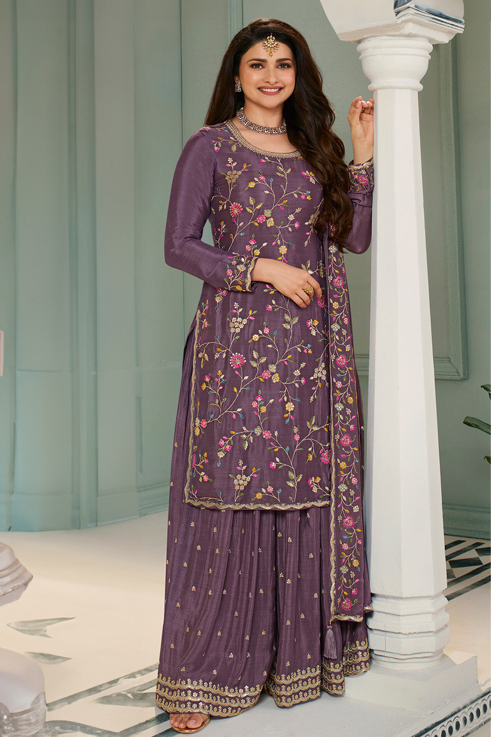 Midnight Purple Color Embroidered Crepe Unstitched Suit Material With Stitched Sharara