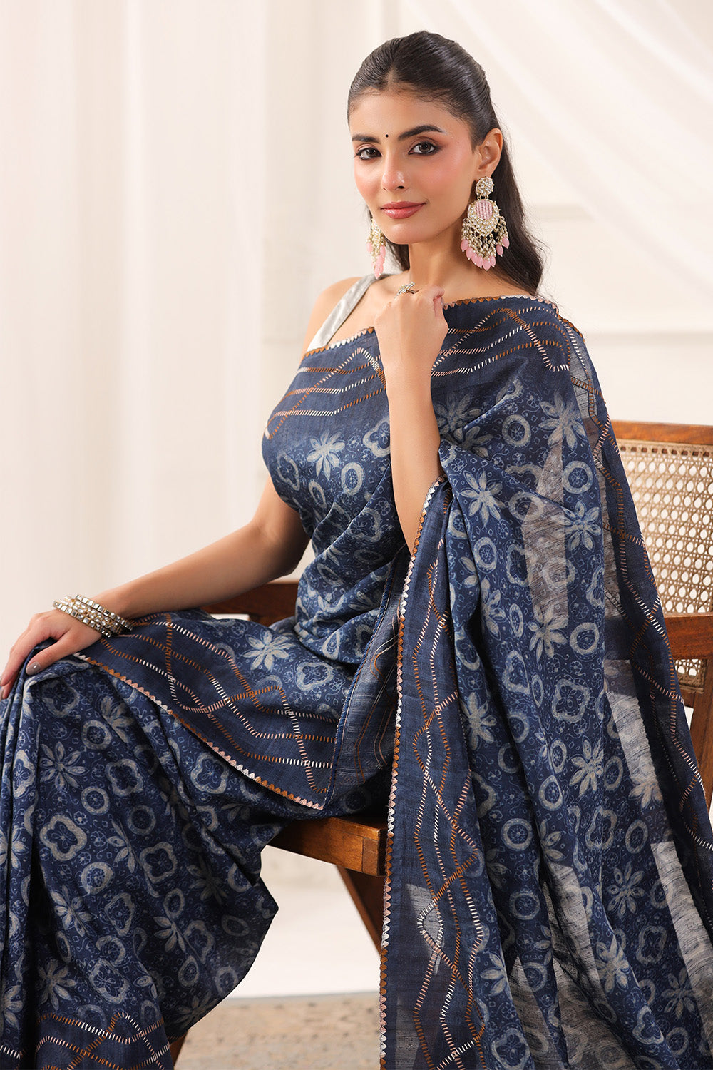 Navy Tussar Silk Printed Saree