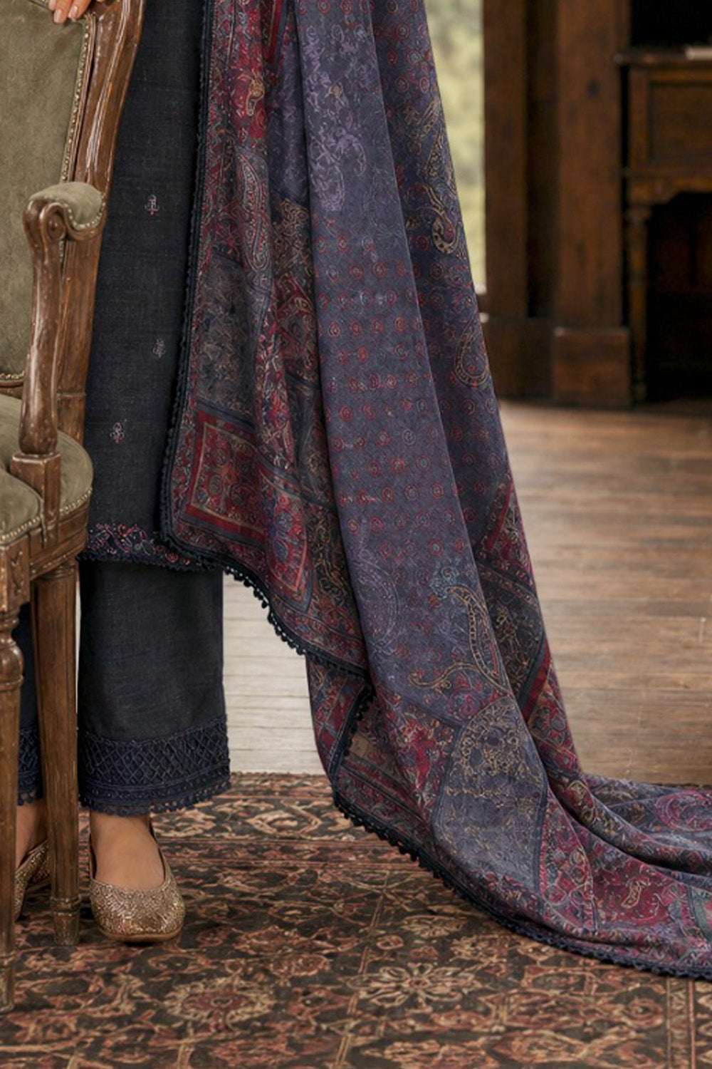 Grey Matka Silk Embroidered Unstitched Suit Material